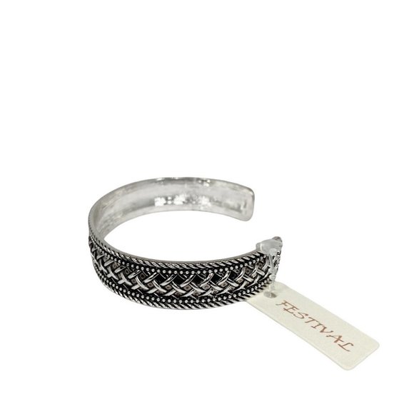 Silver Open Cuff Bracelet with Black and Braided Texture - Picture 2 of 2